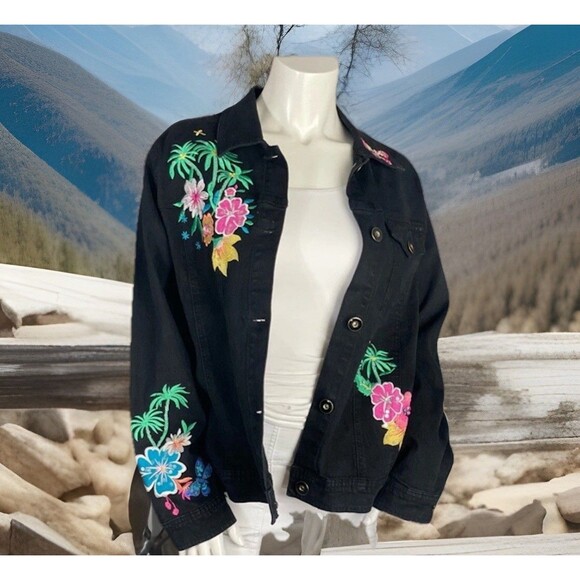 Y2K DG2 by Diane Gilman DenimJacket M Embroidered FloralTropical Bright Cottage - Picture 6 of 6